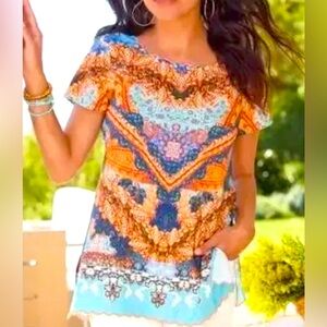216 // Soft Surroundings Sharron Papaya Blues Paisley Top // L